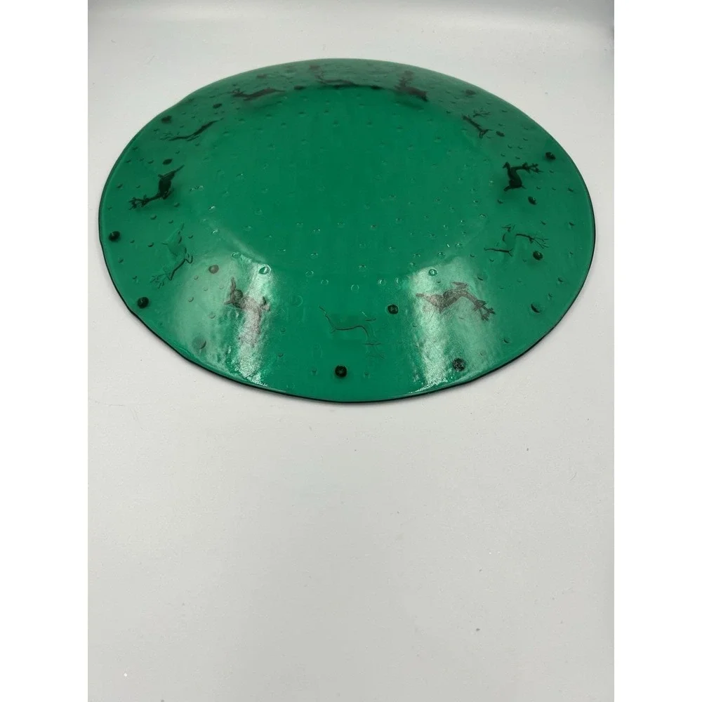 VTG Green Glass Christmas Platter/Charger /Gold Reindeer Textured Centerpiece